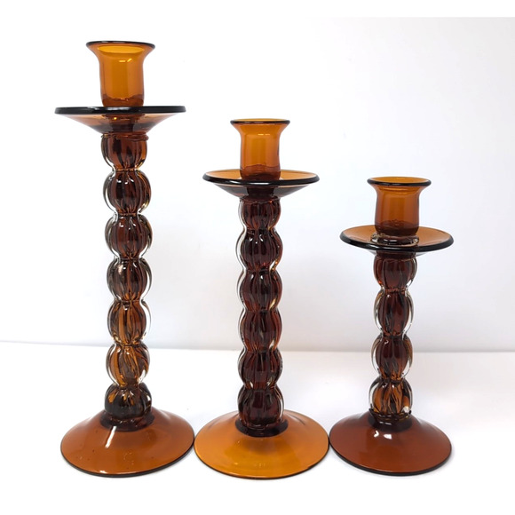 VTG Bombay Company Candlestick Trio Amber Brown Glass 3 Candle Holders 1 FLAWED - Picture 1 of 10
